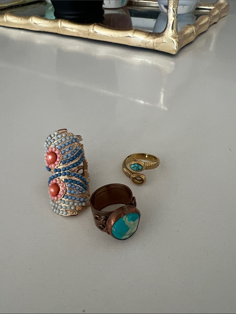 Assorted Blue and Coral Statement Rings - Women Jewelry